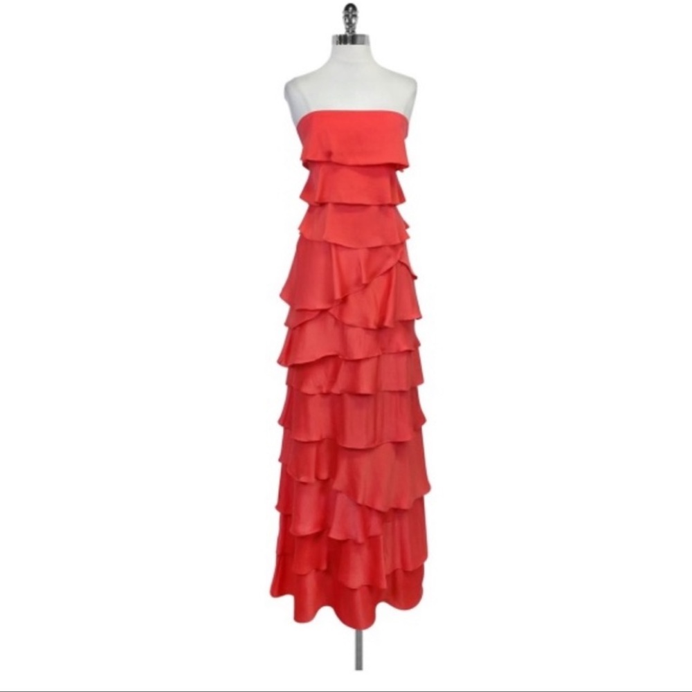 BCBGMaxAzria Strapless Coral Silk-like Ruffle Maxi Mermaid Dress - Size 4